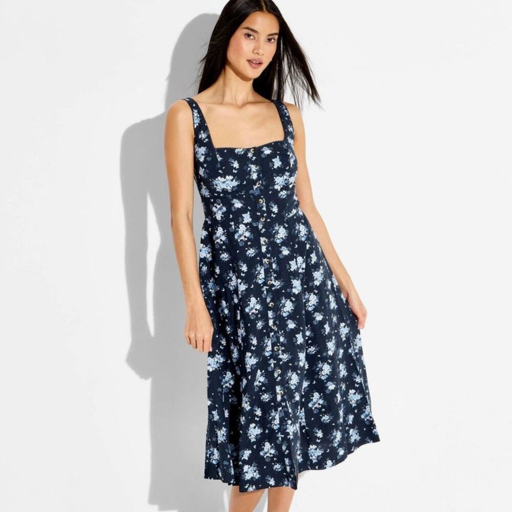 Women's Button-Front Midi A-Line Dress - Wild Fable Navy Blue Floral XXS